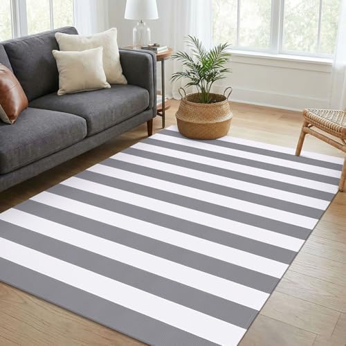 KOZYFLY Striped Rug 4x6 ft Cotton Woven Front Door Rugs, Gray and White - Image 2