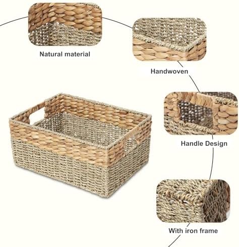 YAHUAN Natural Water Hyacinth & Seagrass Woven Storage Baskets – Wicker Storage Basket Organizer Bins with Handles for Home & Office Pantry Shelf (Large) - Image 4