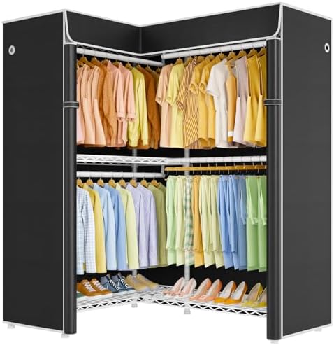 ULIFHOME E15C Garment Rack L Shaped Clothes Rack for Corner，Freestanding Clothing Racks for Hanging Clothes，Heavy Duty Closet Organizer 43.4"W x 15.8"D x 78.4"H，White Rack with Black Dustproof Cover by UlifHome