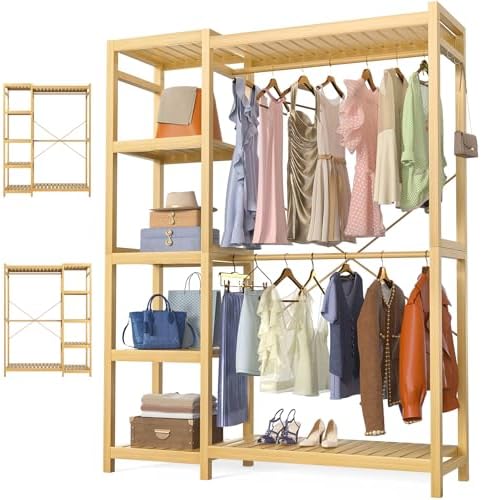 Homykic Bamboo Clothing Rack with 7 Adjustable Shelves, 2 Hang Rods by Homykic