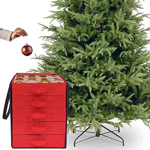 ProPik Christmas Ornament Storage Boxes with Dividers - 5 Separate Trays - Ornament Holder - Keeps 100 Holiday Ornaments - Durable Carrying Bag Handles Organizer Storage Box (Red) - Image 2