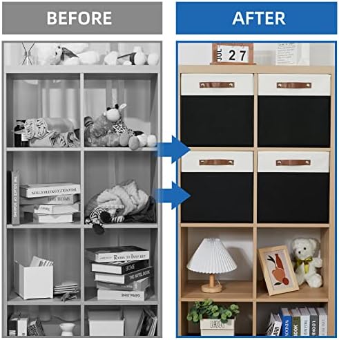 Temary Fabric Storage Bin 4 Pack Cube Storage Bin for Shelf Fabric Cube Storage Basket 13 Inch Cube Storage Bins Foldable Storage Cubes with Leather Handles(White&Black) - Image 7