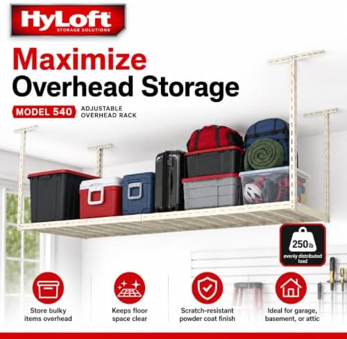 HyLoft Overhead adjustable Garage Storage Rack,Heavy Duty Steel Garage Storage System, 45-Inch x 45-Inch, White - Image 2