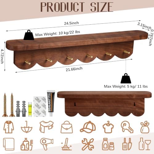 Lewtemi Wall Mount Coat Rack with Shelf 24.5" Scalloped Walnut with 6 Hooks - Image 2