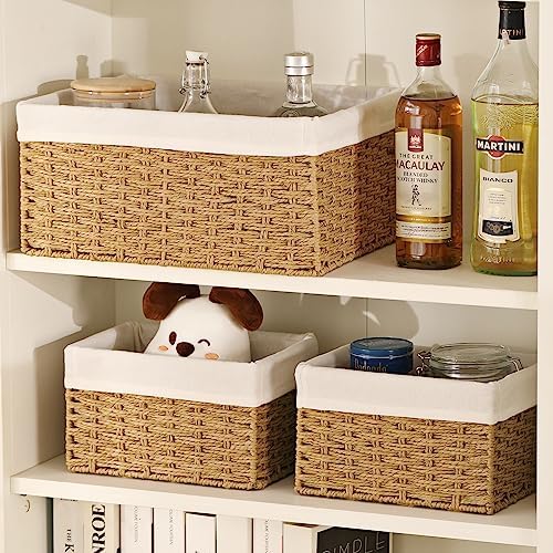 Vagusicc Wicker Storage Basket, 3-Pack Woven Paper Rope Wicker Baskets with Handles, Large Wicker Basket Cube Storage Bins with Liners, Storage Baskets for Organizing Shelves & Decor, Natural - Image 6