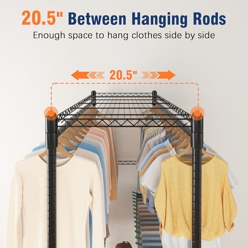 Homdox Heavy Duty Rolling Clothes Rack, Adjustable Clothing Rack for Hanging Clothes, Portable Closet Rack with 4 Hanging Rods, 2 Storage Shelves, 35.5" W x 20.5" D x 80" H, Black - Image 4