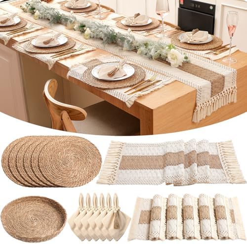 6 Sets Boho Placemat Table Runner Napkin Rings, Khaki, 12x72 by Gandeer