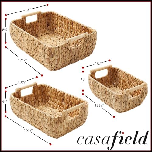 Casafield Set of 3 Water Hyacinth Oval Storage Baskets with Wooden Handles - Small, Medium, Large - Woven Nesting Basket Organizers - Image 4