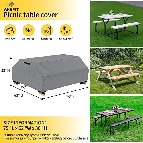 AKEfit Waterproof Picnic Table Covers Heavy Duty Oxford Cloth Wind Dust Proof Anti-UV Outdoor Indoor Patio Picnic Table Bench Cover 70/72 Inch,Grey - Image 2