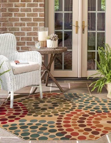 Unique Loom Outdoor Modern Collection Area Rug - Spark (7' 1" Octagon Beige/Burgundy) - Image 4