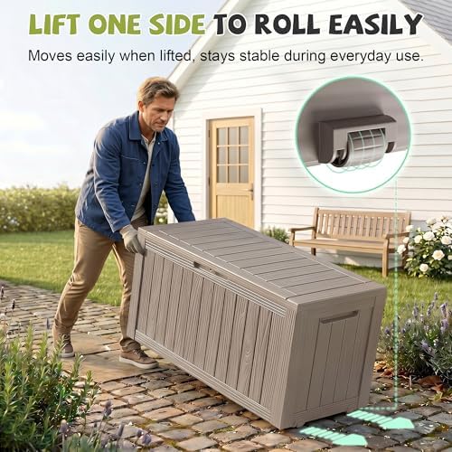 Outdoor Waterproof Resin Storage Deck Box Lockable Outside Bench UV Resistant Bin Patio Porch Furniture Pool Float Garden Tool Cushion (Grey, 85 Gallon) - Image 2