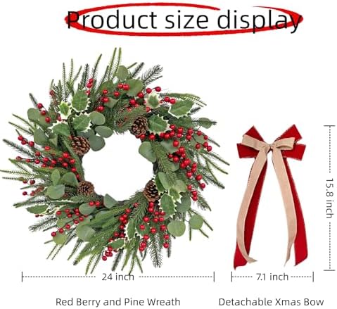 Front-Door Christmas Wreaths with Bow: 24 Inch Red Berry Pine Wreath Comes with Storage Bag - Durable Outdoor Winter Wreath Creating Warm Xmas Vibes - Easy Storage & Gifts Ready Instantly - Image 5