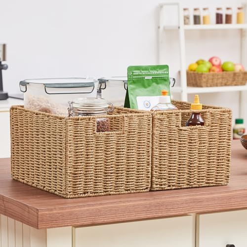 Vagusicc Wicker Storage Basket, Set of 2 Hand-Woven Paper Rope Wicker Basket, Small Storage Baskets for Organizing Toilet Paper Basket, Foldable Large Cube Storage Organizer Bins for Shelves (Natural) - Image 5