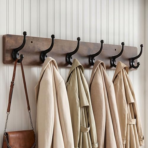 WEBI Rustic Coat Rack Wall Mount,24" Long 6 Cast Iron Coat Hooks Wall Mounted,Heavy Duty Wood Wall Coat Hanger Hooks for Hanging Coats,Jacket,Clothes,Backpack,Farmhouse,Rustic Brown,2 Packs - Image 2