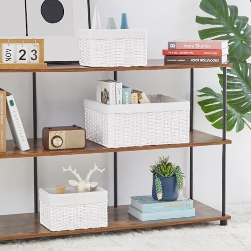 Vagusicc Wicker Basket, Set of 3 Hand-woven Storage Baskets for Organizing, Decorative Rectangle Wicker Storage Basket Bins with Handles, Small Toilet Paper Storage Baskets for Shelves & Decor, White - Image 2