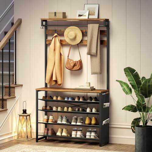 HOOBRO Hall Tree with Bench, Entryway Coat Rack with Shoe Rack, 39.4" Shoe and Coat Rack, 5 Tier Shoe Storage Organizer with Oxford Fabric Side Pockets, Adjustable Mesh Shelves, Rustic Brown BF76MT01 - Image 2