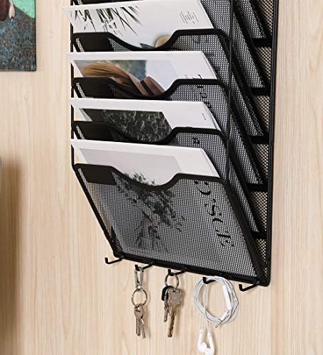 EasyPAG 10 Pocket Mesh Wall File Organizer with Key Hooks, Hanging Paper Folder Holder with Classify Label, Vertical Wall Mount Mail Organizer for Office Home Classroom, Black - Image 4