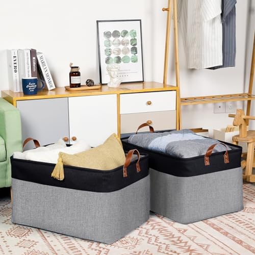 DULLEMELO Extra Large Storage Basket 22X15, 70L Foldable Fabric Toys Baskets Organizer Bins, Black&Grey - Image 3