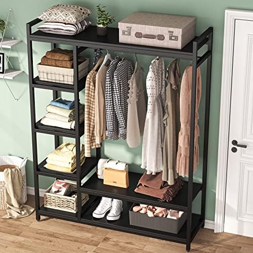 LITTLE TREE Free Standing Wood Closet Clothes Rack,Heavy Duty Grament Rack with Shelves,Hanging Racks for Clothes Clothing Rack for Bedrom,Wardrobe Closet Organizer,350 lb Capacity,Black - Image 6