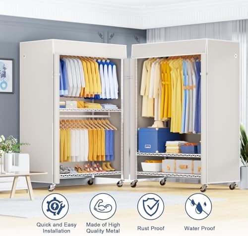 ULIFHOME P8C Pro Heavy Duty Clothes Rack（With Extended Width Design） Rolling Clothing Racks for Hanging Clothes with Lockable Wheels，42" W x 15.8" D x 80.5" H，Load 700LBS，White Rack with White Cover - Image 4