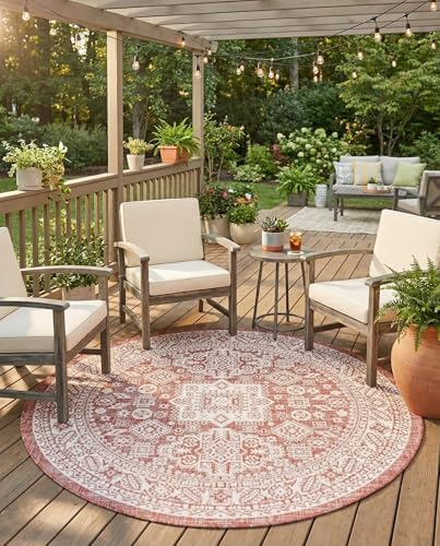Rugs.com - Outdoor Aztec Rug – 5 Ft Round Rust Red Indoor/Outdoor Rug – Stain Resistant, Easy Clean for Patios, Decks, and Porches by Rugscom