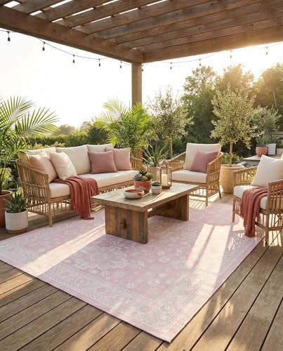 Rugs.com - Outdoor Aztec Rug – 10' x 13' 1 Pink Indoor/Outdoor Rug – Washable, Stain-Resistant Flatweave for Spacious Patios, Decks, and Porches by Rugscom