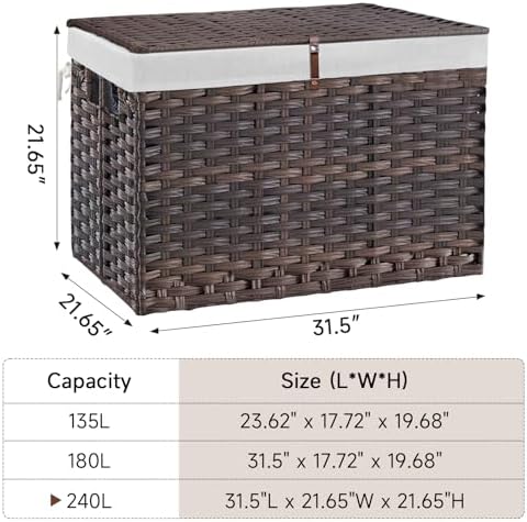 240L Wicker Storage Basket with Lid, Handwoven Rattan Large Shelf Basket with Removable Liner, 63.5 Gallon Wicker Basket for Blanket, Storage Trunk with Handle for Closet, Bedroom, Livingroom, Brown - Image 4