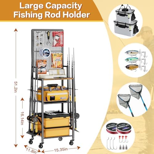 Olakee Fishing Rod Holders, Rolling Fishing Rod Rack for Garage & Boat, Tackle Box & Reel Holder Cart, Easy Assembly Fishing Gear Management System, Ideal Birthday Gift for Men Dad Anglers - Image 5