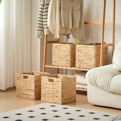Handwoven Water Hyacinth Storage Baskets set of 4 Foldable Cube Bins Storage Oragnizer for Cabinet Shelf Bedroom Living Room (Natural, 13" L x 13" W x 13" H) - Image 3