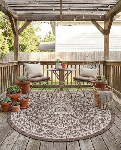 Rugs.com - Outdoor Aztec Rug – 4 Ft Round Brown Indoor/Outdoor Rug – Weather Resistant Flatweave for Patios, Decks, and Porches by Rugscom