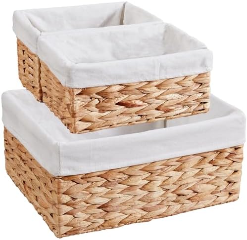Vagusicc Wicker Basket, 3-Pack Water Hyacinth Wicker Storage Basket with Handles, Storage Baskets for Organizing, Large Hyacinth Storage Baskets for Shelves with Liner (Water Hyacinth Baskets Set) by Vagusicc