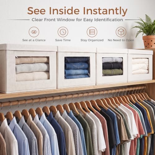 3-Pack Large Storage Bins with Lids & Clear Window, Foldable Fabric Closet Organizer Boxes, Stackable Cube Baskets with Soft Handles for Clothes & Blankets, 17”, Beige - Image 3