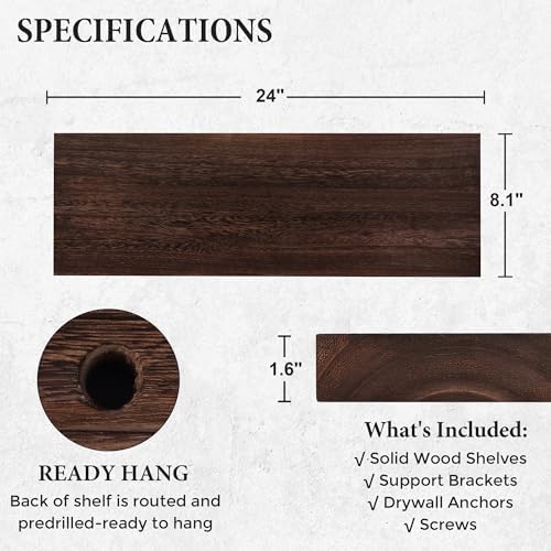 Axeman Floating Shelves, 2 Pack 8 Inch Deep Rustic Solid Wood Wall Shelves for Storage, Wall Mounted Display Shelving with Invisible Heavy-Duty Metal Bracket, 24" W x 8" D x 1.6" H, Rustic Brown - Image 3
