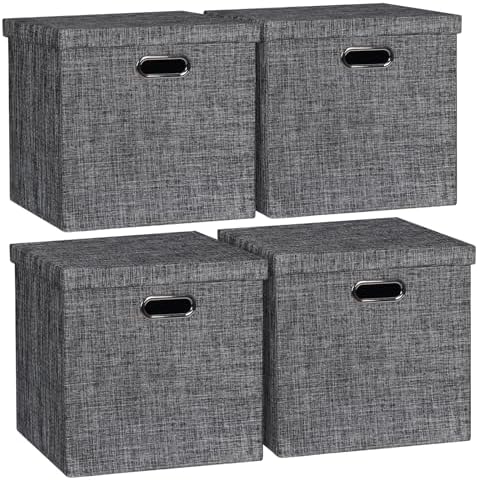 Posprica Storage Bins with Lids,13×13×13 Foldable Storage Cube Baskets Boxes Fabric Drawers for Closet Shelf Cabinet Bookcase,Set of 4,Black by Posprica