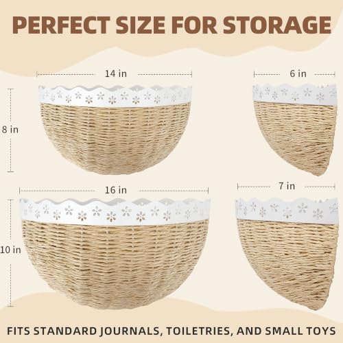 XSZ Scalloped Wall Baskets - 2 Pcs Woven Boho Wall Decor, Front Door Baskets Hanging Storage for Entryway, Living Room & Kitchen, Sturdy Steel Frame Wall Organizer for Home (16" & 14") - Image 3