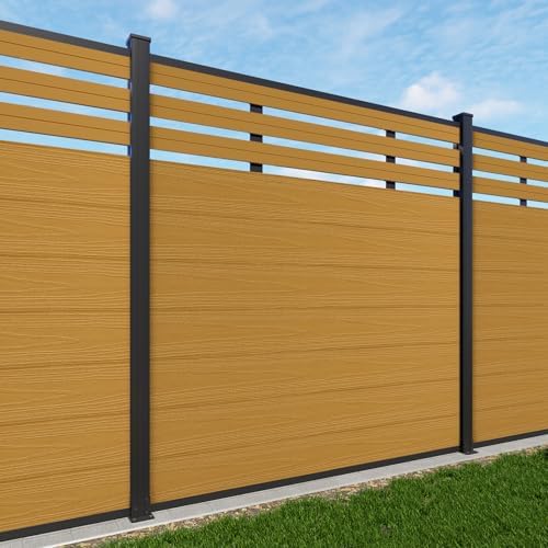 6x6 FT Wood Composite Privacy Fence Panel,Semi-Enclosed Outdoor AC Unit Cover,Trash Can Barrier | Weatherproof, Easy Installation, Durable Composite Fencing (Yellow Teak with 1 Post) by Treslam