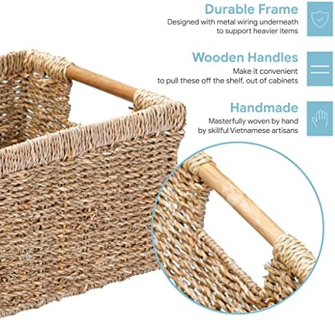 Natural Seagrass Basket with Wooden Handle, Medium Rectuangular Wicker Basket for Living Room 12.2 x 8.9 x 6.7 inches - 3 Pack - Image 3