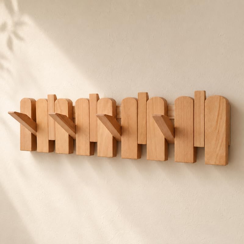 Piano Coat Rack, Solid Beech Wall Hooks, Walnut Finish, 8 Hooks by Unknown