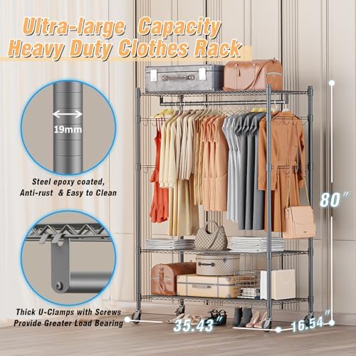 Homdox Heavy Duty Rolling Clothing Rack, Adjustable Garment Rack with 3 Tier Storage Shelves, Freestanding Closet Wardrobe for Hanging Clothes with Side Hooks, Gray - Image 3