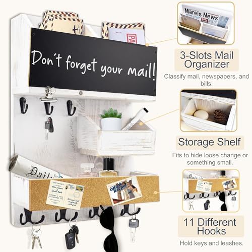 Mail Organizer Wall Mounted with Key Holder, Shelf, Ivory White - Image 5