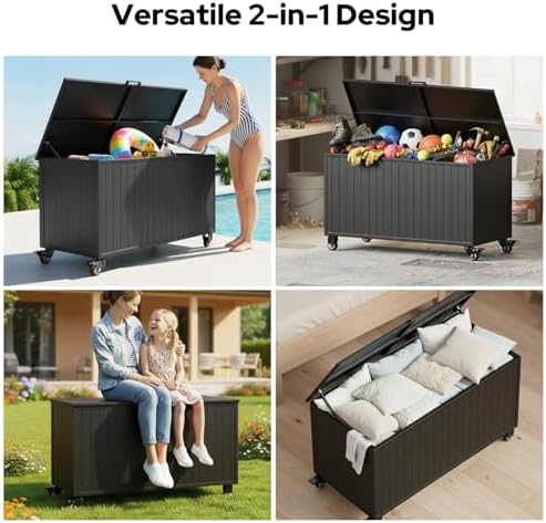 150 Gallon Outdoor Storage Box with Wheels, Metal Deck Boxes,Black - Image 6