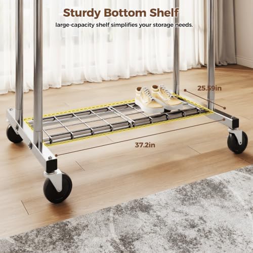 HYSEYY Heavy Duty Clothes Rack, Rolling Clothing Rack for Hanging Clothes with Shelves Load 700LBS,Portable Garment Wardrobe Closet Rack with Wheels for Bedroom,Laundry Room,Retail Store,Silver - Image 4