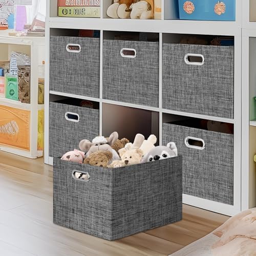 Posprica Closet Storage Bins, 4 Pack Large Closet Shelf Organizers, Linen Fabric Decorative Storage Baskets for Organizing, Foldable Storage Box for Clothes, 16.5x12x10.25 Inch (Black) - Image 4