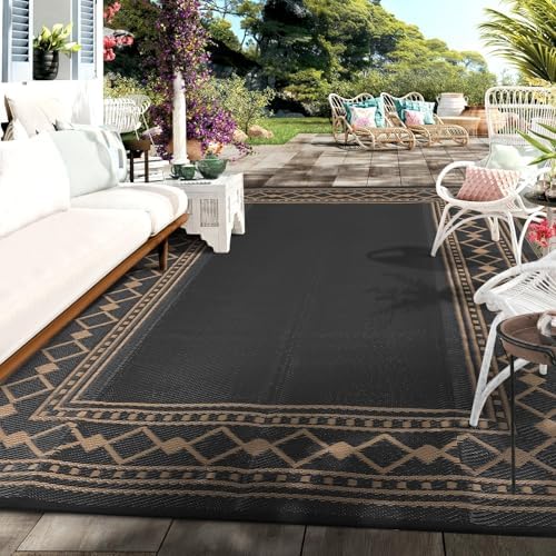 GlowSol 8x10 Waterproof Outdoor Rug Reversible Plastic Straw Area Rug, Portable RV Camping Mat for Patio Deck Backyard Porch Balcony Beach Stain Resistant Outdoor Floor Carpet for Outside, Black/Brown - Image 3