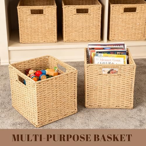 Newtay 4 Pcs Wicker Storage Baskets 10.6 x 10.6in Cube Storage Bin Organizer Camel Square Foldable Wicker Baskets for Shelves Organizing Decor Laundry Pantry Toys - Image 5