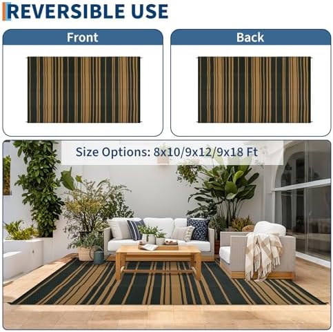 GAOMON 8x10 Modern Lines Reversible Outdoor Rug Waterproof Geometric Striped Plastic Straw Outdoor Rug UV-Resistant Portable Outdoor Large Carpet Mat for Camping Patio Balcony Picnic Black Brown - Image 5