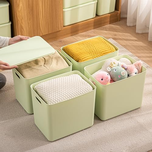 10 pack large plastic White storage bins with Lids, Toy Box Chest with Handle，Organizer Containers Baskets for Baby,Nursery，Shelves，Playroom, Bedroom，Office,Closet，home (Light Green, 5XL+5S) - Image 4