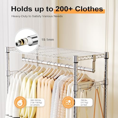 M MZG Heavy Duty Rolling Garment Rack 3 Tiers Adjustable Wire Shelving Clothes Rack with 2 Rods and Side Hooks,Storage Closet Clothing Rack with Wheels Chrome 15.7" D x 29.5" W x 74.5" H - Image 6