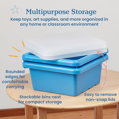 ECR4Kids Stackable Square Bins with Non-Snap Lids, Multipurpose Organization, French Blue, 2-Pack - Image 4
