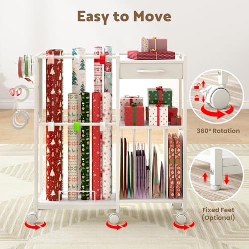 Wrapping Paper Storage Cart, Rolling Gift Wrap Station with Drawer & Hooks - Image 6